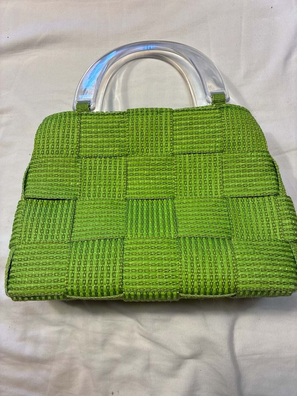 Vintage M&G Bertini Green Woven Basket Weave Handbag with Clear Lucite Handles